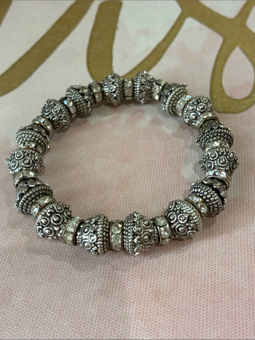 Silver AB Rhinestone Beaded Silver Filigree Stretch Bracelet - Women Jewelry